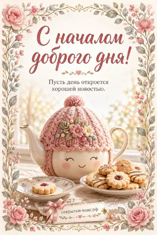 Чайник в розовой вязаной шапочке с цветами и тарелками печенья в цветочной рамке с надписью «С началом доброго дня»