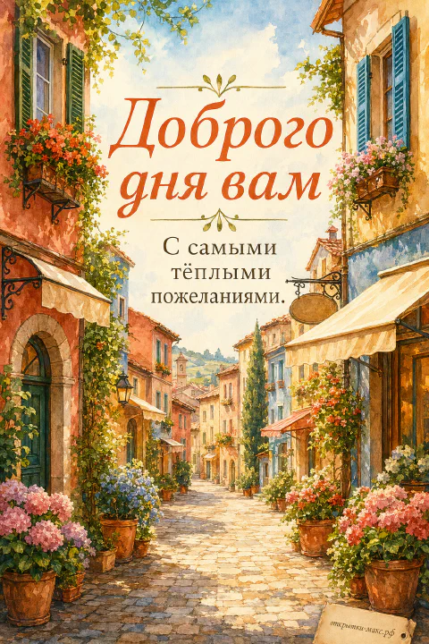 Акварельная мощёная итальянская улочка с яркими домами, обвитыми цветами, терракотовыми горшками герани и голубым небом