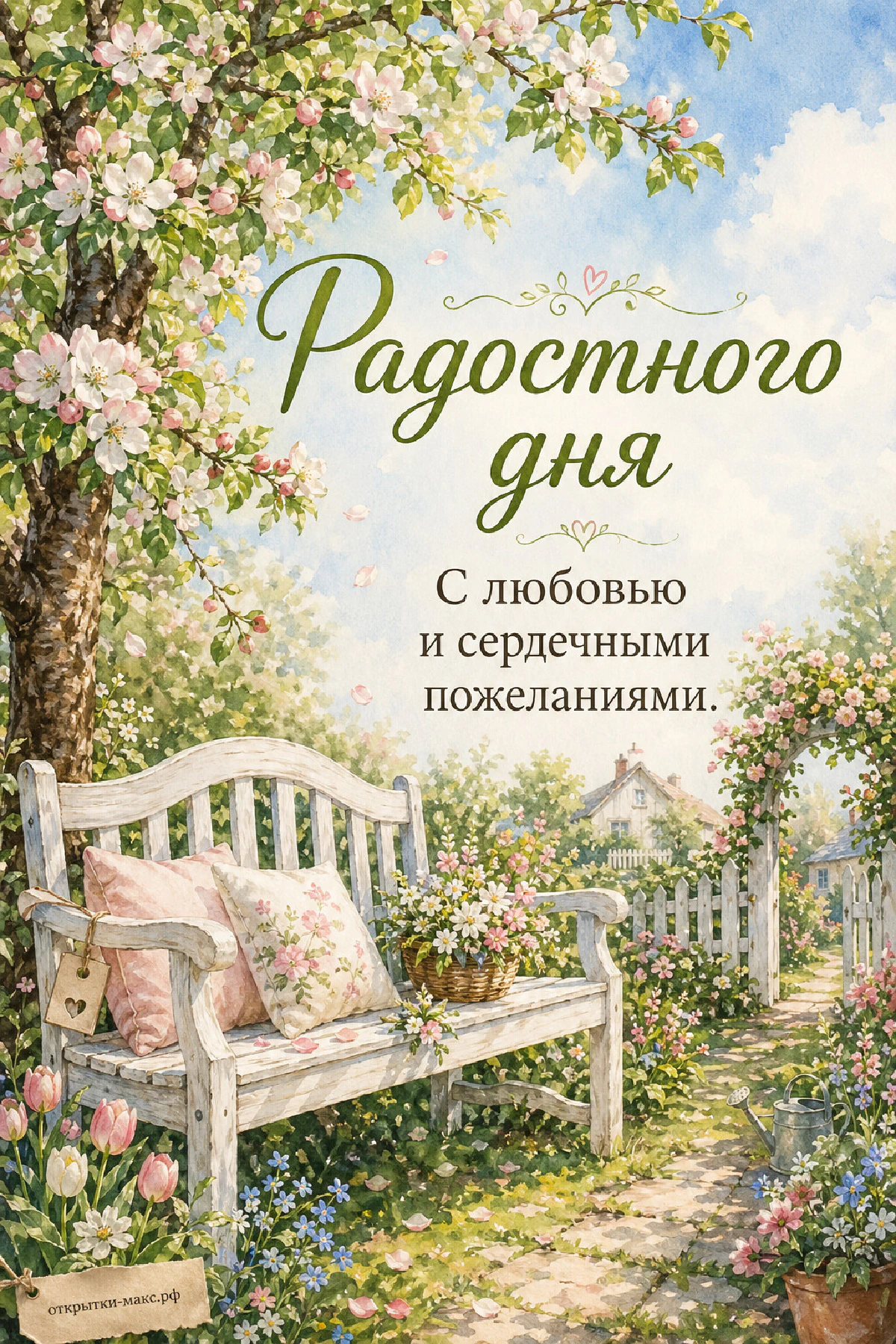 Акварельная белая садовая скамейка с розово-белыми подушками под цветущей яблоней, корзина цветов и белый деревянный забор