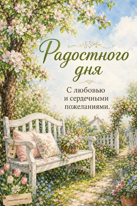 Акварельная белая садовая скамейка с розово-белыми подушками под цветущей яблоней, корзина цветов и белый деревянный забор