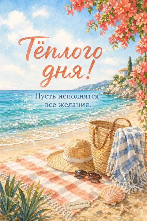 Соломенная шляпа, плетёная сумка, сине-белое полотенце и морская ракушка на клетчатом пляжном покрывале у бирюзового моря