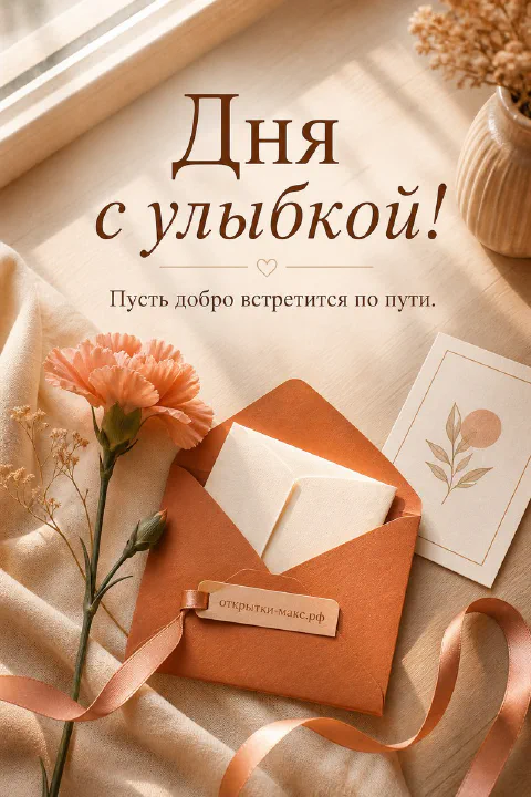 Открытка хорошего дня с терракотовым конвертом, розовыми гвоздиками и белой карточкой на бежевой ткани у окна