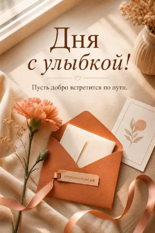 Открытка хорошего дня с терракотовым конвертом, розовыми гвоздиками и белой карточкой на бежевой ткани у окна