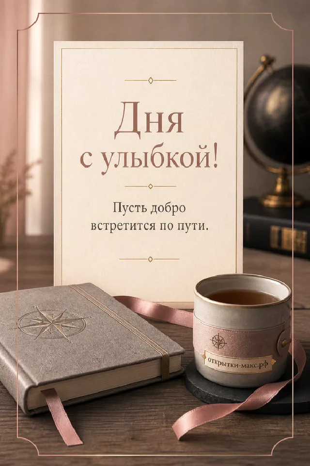 Открытка хорошего дня с терракотовым конвертом, розовыми гвоздиками и белой карточкой на бежевой ткани у окна — вариант 4