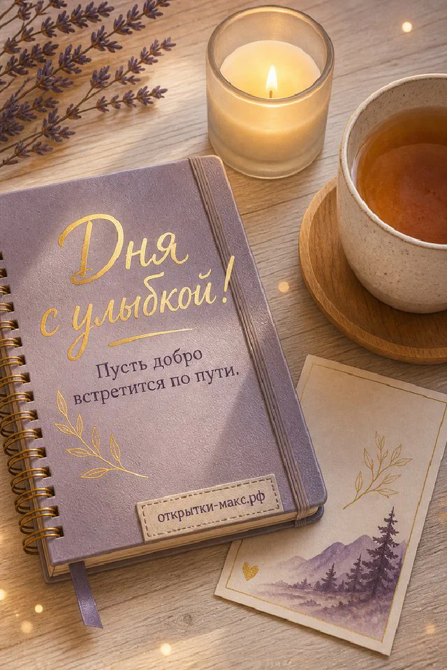 Открытка хорошего дня с терракотовым конвертом, розовыми гвоздиками и белой карточкой на бежевой ткани у окна — вариант 5