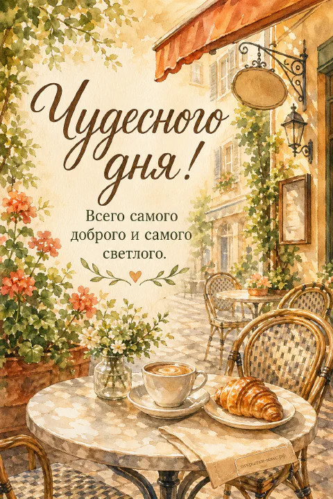 Акварельное уличное кафе с плетёными стульями, столиком с чашкой капучино и круассаном на тарелке под зелёными деревьями