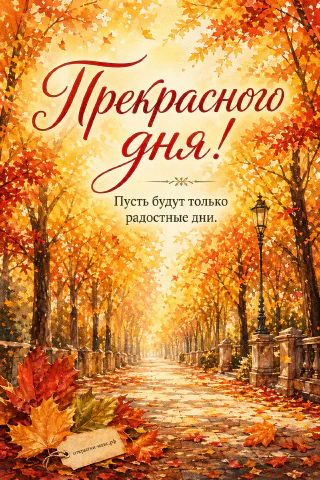 Акварельная осенняя аллея с оранжево-красными кронами деревьев, опавшими листьями на дорожке и уличным фонарём