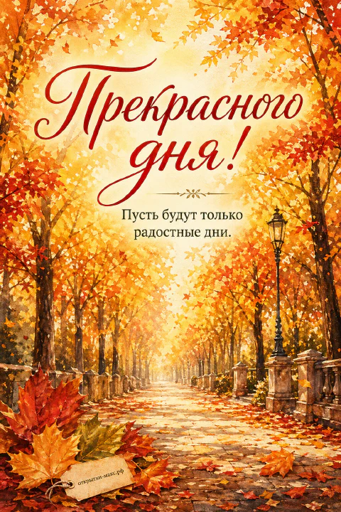 Акварельная осенняя аллея с оранжево-красными кронами деревьев, опавшими листьями на дорожке и уличным фонарём