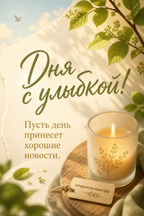 Горящая свеча в стеклянном стакане на деревянном срубе среди зелёных листьев с надписью «Дня с улыбкой»