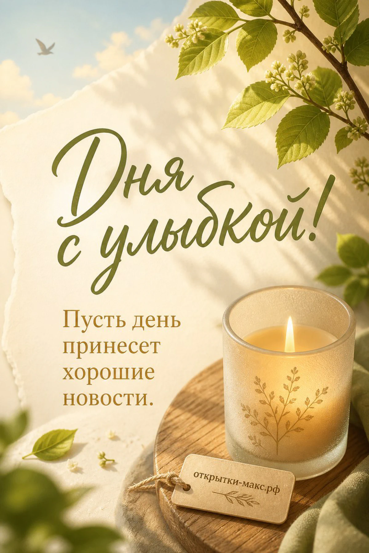 Горящая свеча в стеклянном стакане на деревянном срубе среди зелёных листьев с надписью «Дня с улыбкой»