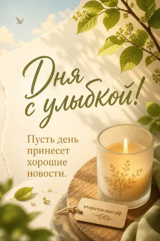 Горящая свеча в стеклянном стакане на деревянном срубе среди зелёных листьев с надписью «Дня с улыбкой»