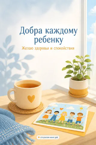Чашка чая с сердечком, маленькая открытка с детьми и горшок с растением на столе у окна