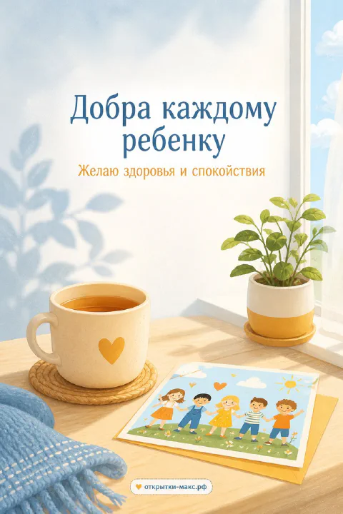 Чашка чая с сердечком, маленькая открытка с детьми и горшок с растением на столе у окна