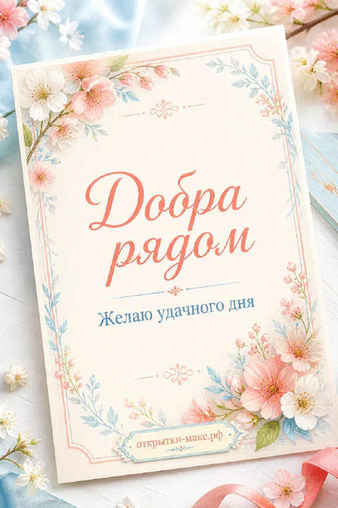 Открытка с персиковыми и белыми цветами в акварельной рамке с надписью «Добра рядом» и «Желаю удачного дня»