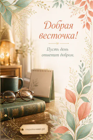 Открытка добрая весточка с зелёными книгами, круглыми очками и кружкой кофе на столе с листьями