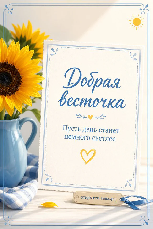 Голубая кружка кофе на вязаном пледе у окна с заснеженными деревьями и открыткой «Добрая весточка» — вариант 2