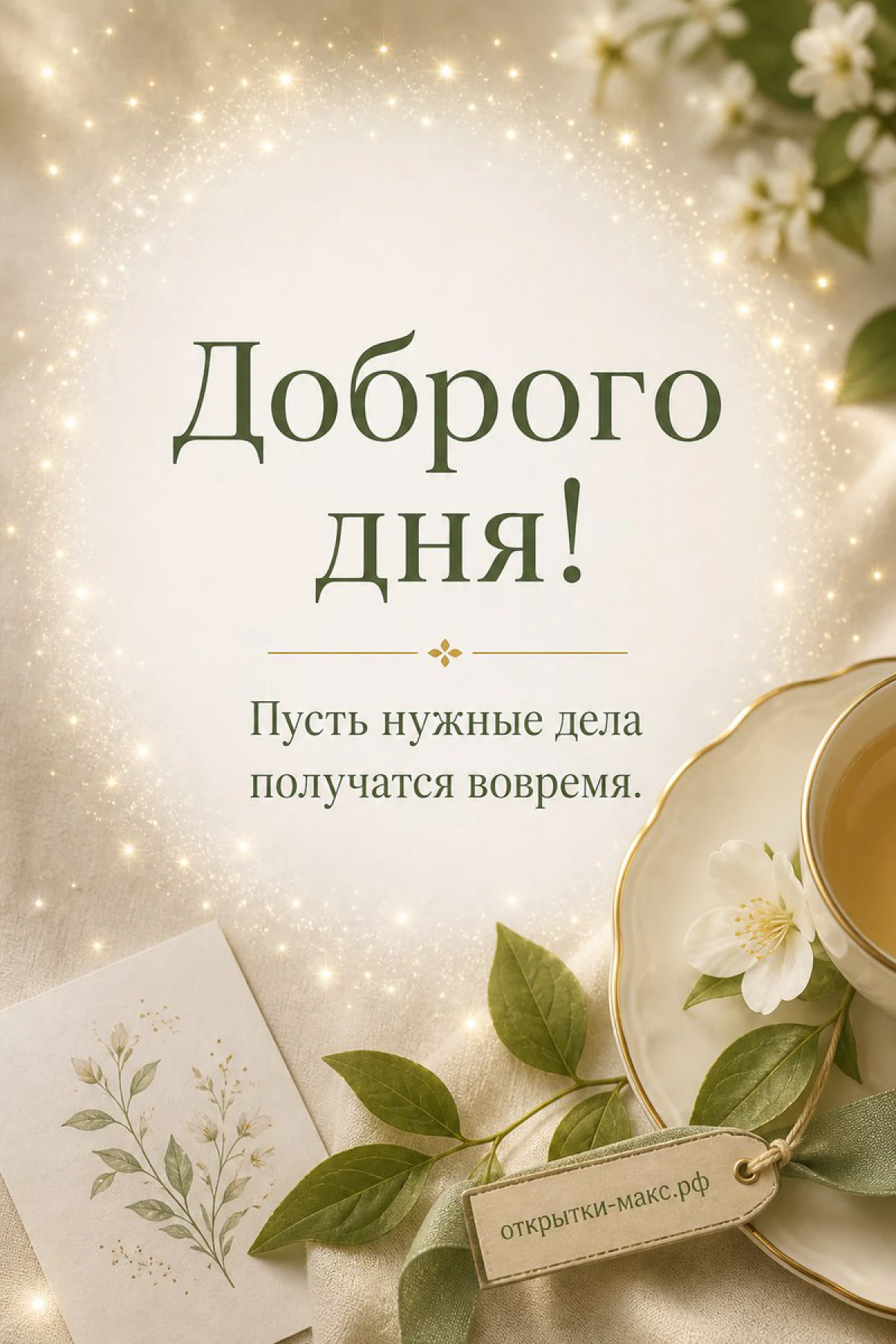 Чашка светлого чая с блюдцем среди цветков жасмина на золотистом фоне с блёстками, надпись «Доброго дня»
