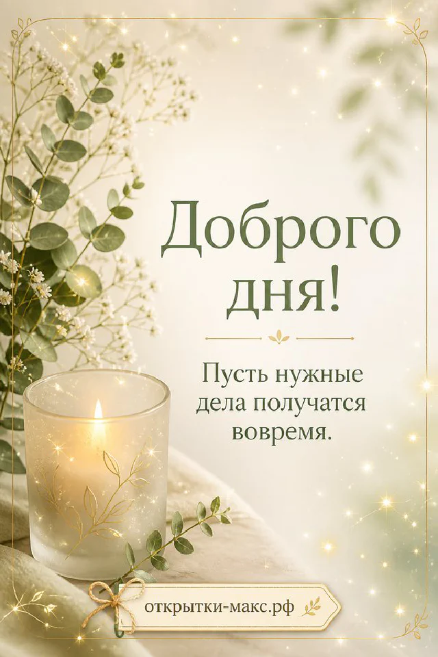 Чашка светлого чая с блюдцем среди цветков жасмина на золотистом фоне с блёстками, надпись «Доброго дня» — вариант 2