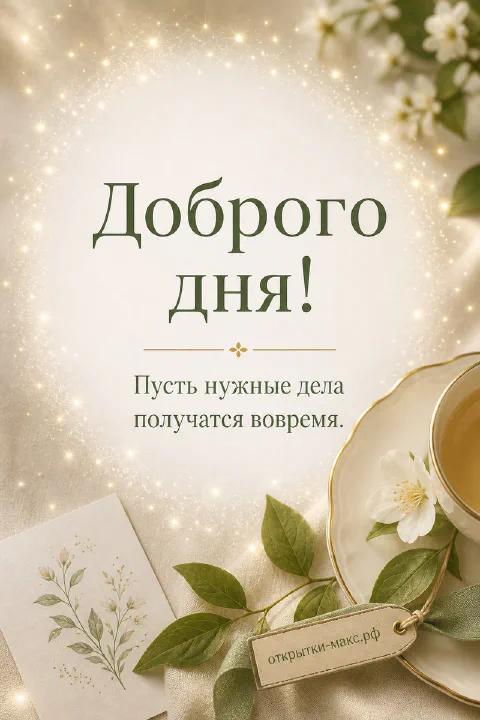 Чашка светлого чая с блюдцем среди цветков жасмина на золотистом фоне с блёстками, надпись «Доброго дня»