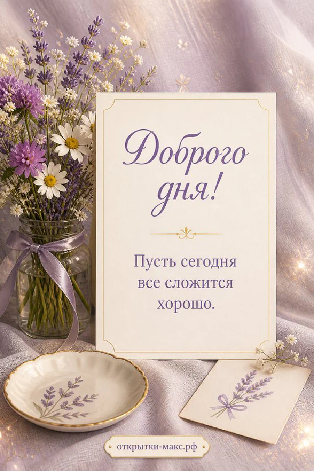 Зимняя открытка доброго дня с заснеженными еловыми ветками, сухими травами и рыжим пледом на светлом фоне — вариант 2