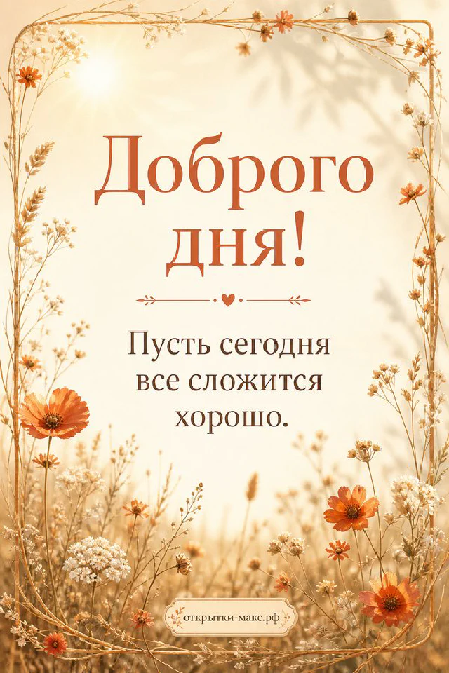 Зимняя открытка доброго дня с заснеженными еловыми ветками, сухими травами и рыжим пледом на светлом фоне — вариант 3