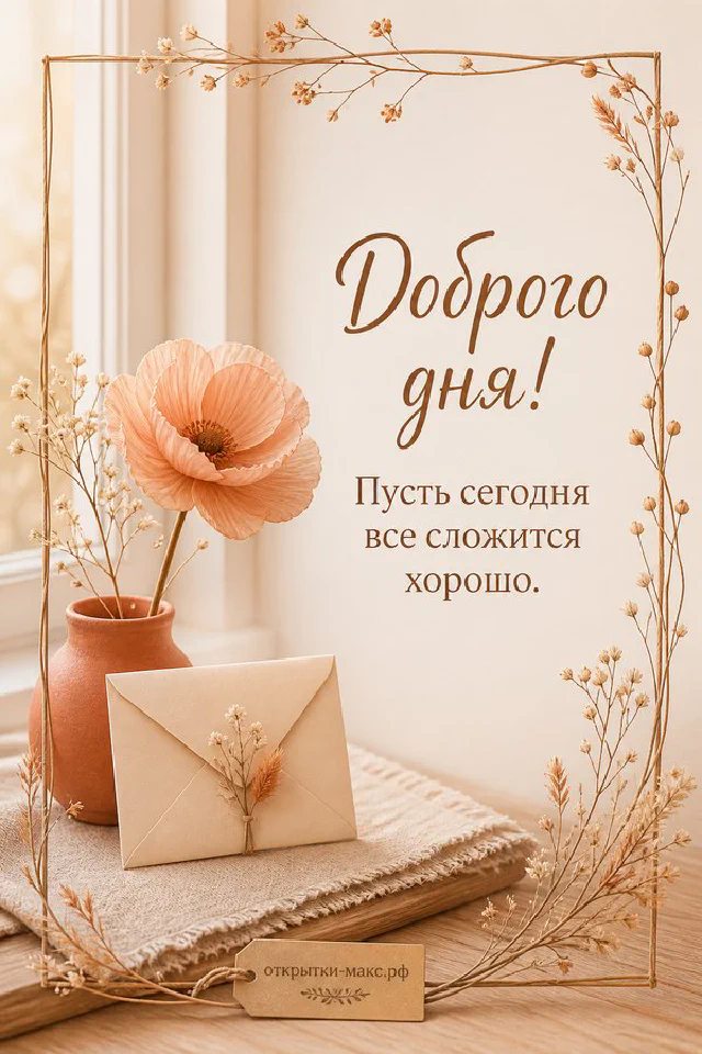 Зимняя открытка доброго дня с заснеженными еловыми ветками, сухими травами и рыжим пледом на светлом фоне — вариант 7