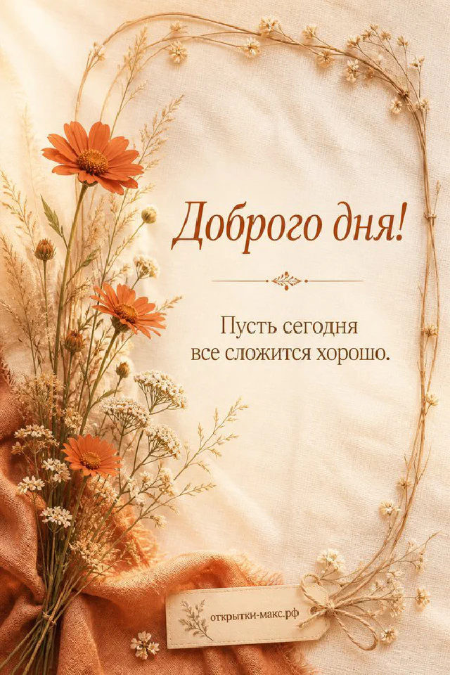 Зимняя открытка доброго дня с заснеженными еловыми ветками, сухими травами и рыжим пледом на светлом фоне — вариант 5
