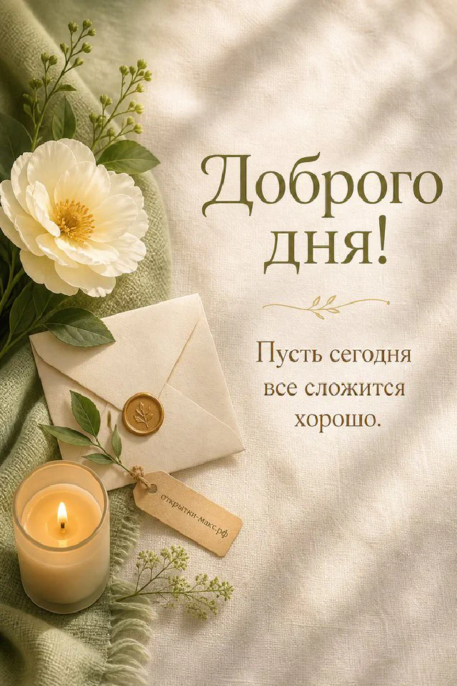 Зимняя открытка доброго дня с заснеженными еловыми ветками, сухими травами и рыжим пледом на светлом фоне — вариант 6