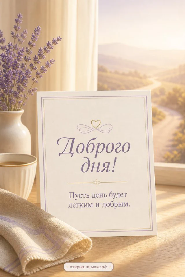 Открытка доброго дня с еловой веткой, терракотовым пледом и сухоцветами на льняном фоне — вариант 5
