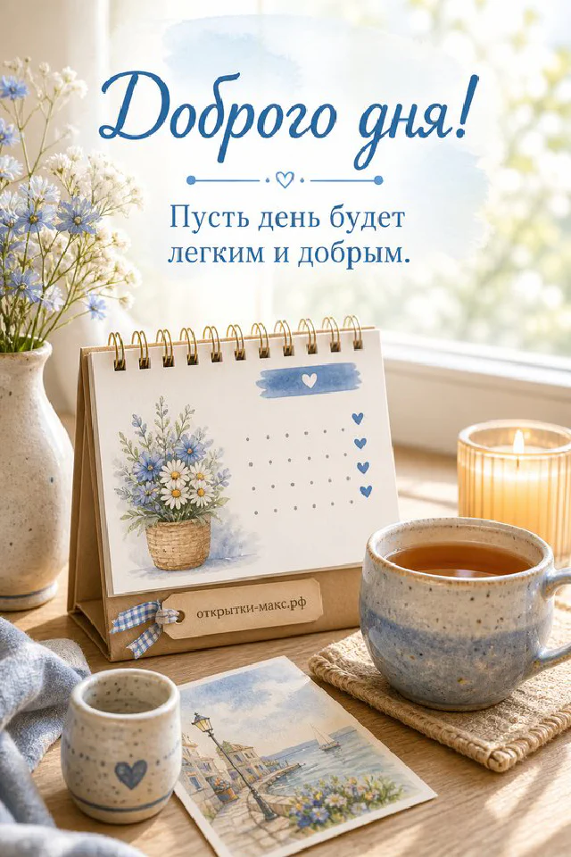 Открытка доброго дня с еловой веткой, терракотовым пледом и сухоцветами на льняном фоне — вариант 3