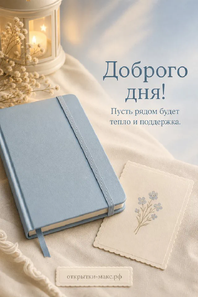 Открытка с голубым блокнотом и букетом полевых цветов в крафт-пакете — вариант 8