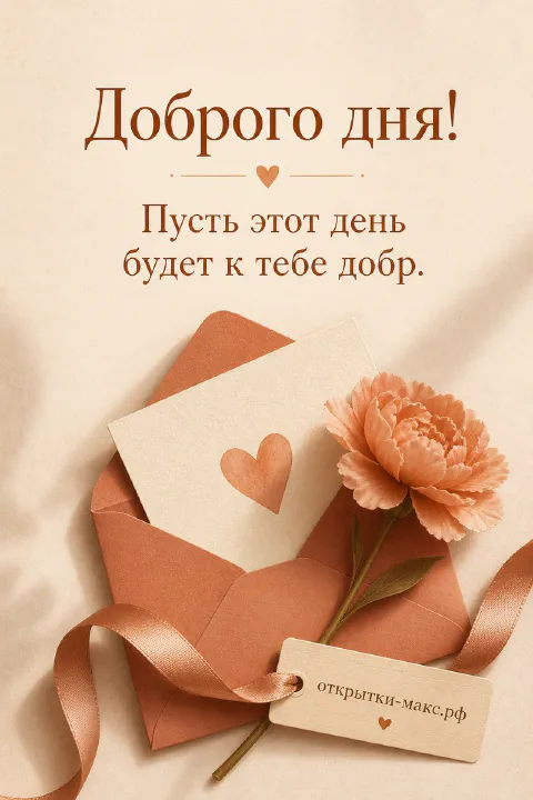 Персиковый конверт с сердечком и нежный цветок пиона на светло-бежевом фоне с надписью «Доброго дня»