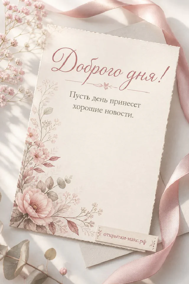 Открытка «Доброго дня» с пастельным цветочным венком и розовой лентой — вариант 2
