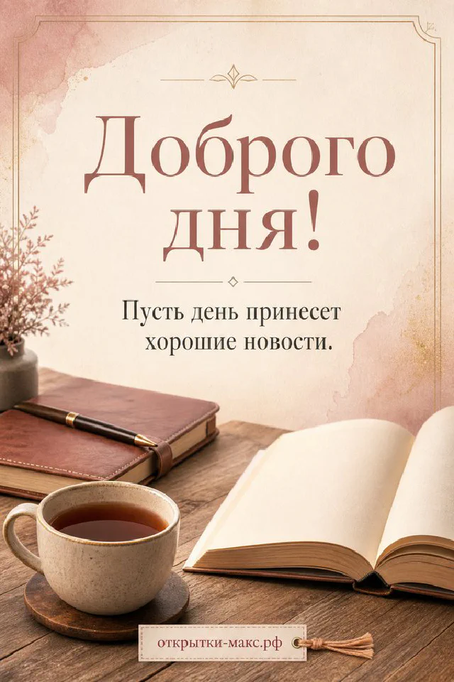 Открытка «Доброго дня» с пастельным цветочным венком и розовой лентой — вариант 4