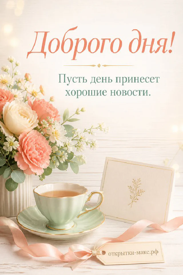Открытка «Доброго дня» с пастельным цветочным венком и розовой лентой — вариант 5
