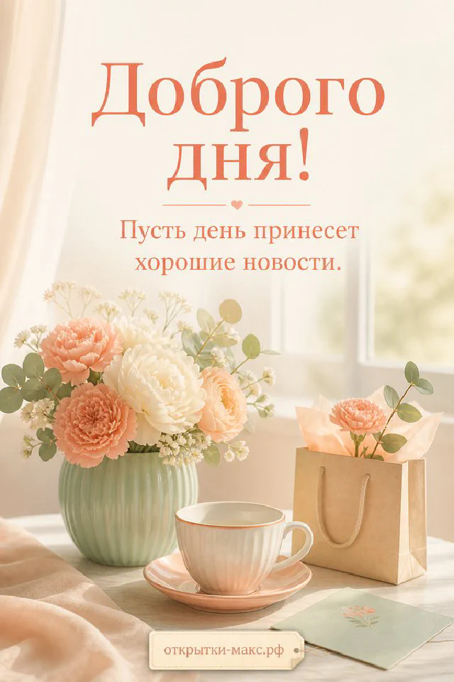 Открытка «Доброго дня» с пастельным цветочным венком и розовой лентой — вариант 7