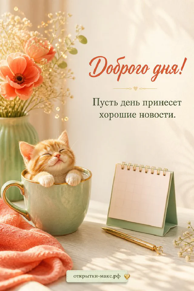 Открытка «Доброго дня» с пастельным цветочным венком и розовой лентой — вариант 8