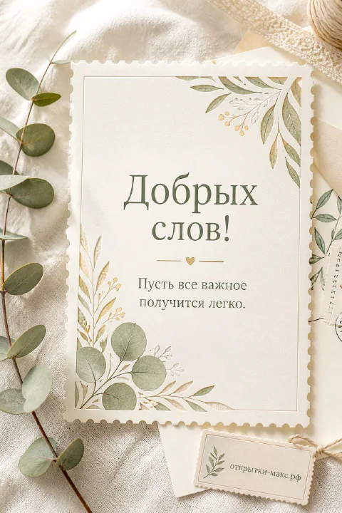 Белый конверт с зелёным ботаническим принтом среди ветвей эвкалипта и листьев на льняном фоне