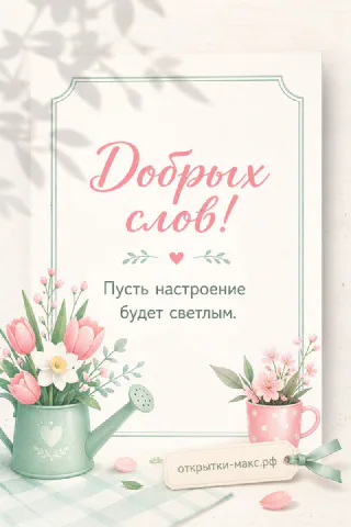 Зелёная садовая лейка с тюльпанами и розовый горшок с цветами на белом фоне, надпись «Добрых слов»