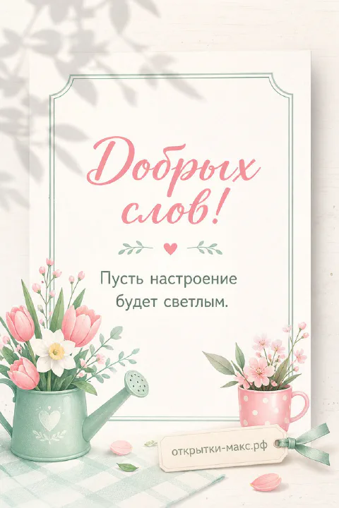 Зелёная садовая лейка с тюльпанами и розовый горшок с цветами на белом фоне, надпись «Добрых слов»