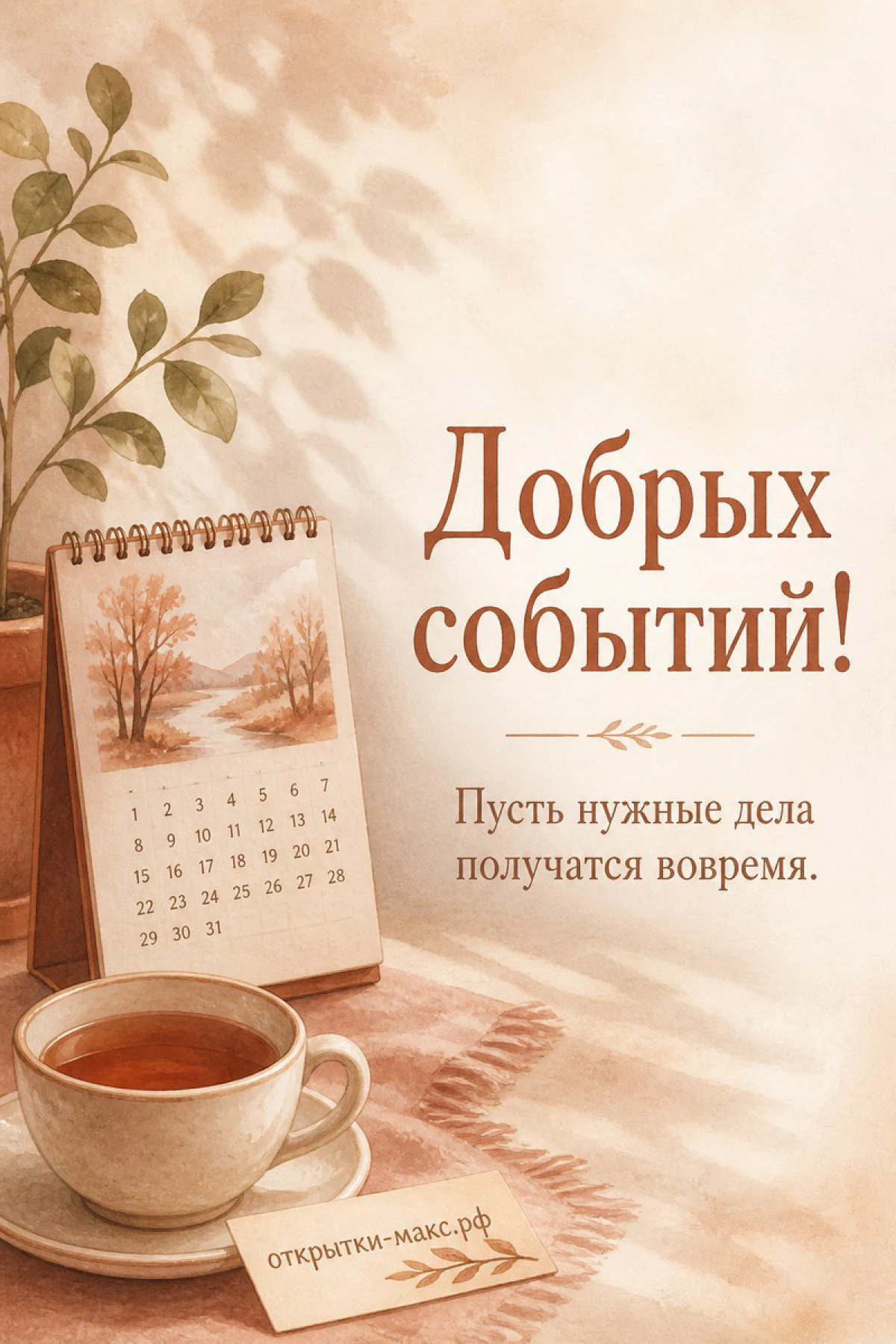 Кружка чая на блюдце рядом с настольным акварельным календарём и листком с логотипом на бежевом фоне