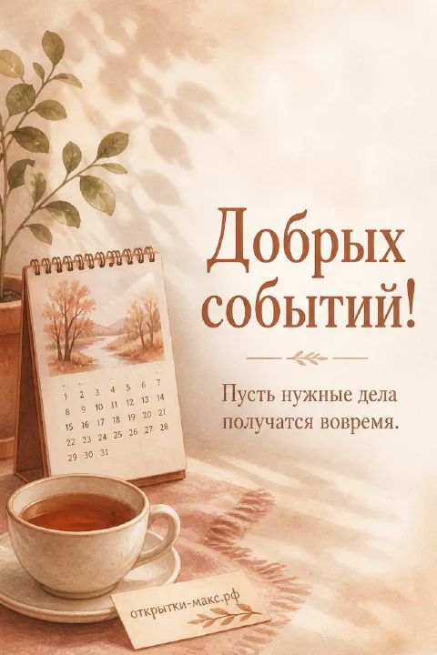 Кружка чая на блюдце рядом с настольным акварельным календарём и листком с логотипом на бежевом фоне