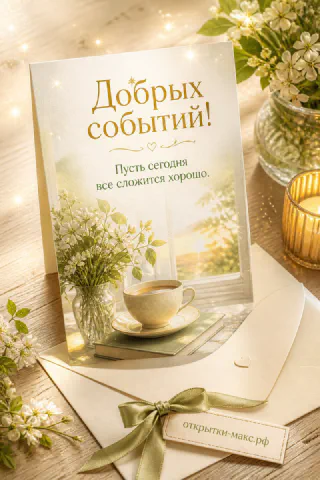 Открытка внутри конверта с жасмином, свечой и золотой лентой на деревянном столе, надпись «Добрых событий»
