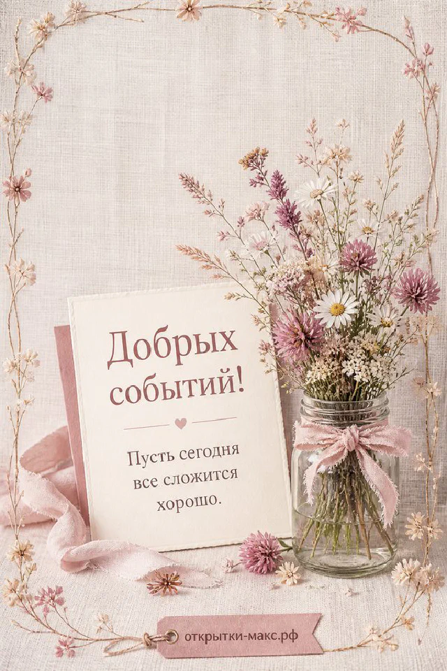 Открытка внутри конверта с жасмином, свечой и золотой лентой на деревянном столе, надпись «Добрых событий» — вариант 2