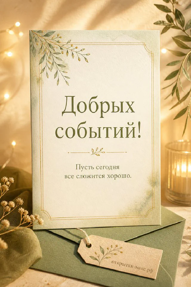 Открытка внутри конверта с жасмином, свечой и золотой лентой на деревянном столе, надпись «Добрых событий» — вариант 3