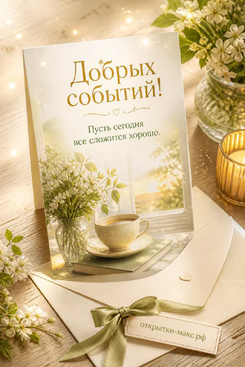 Открытка внутри конверта с жасмином, свечой и золотой лентой на деревянном столе, надпись «Добрых событий»