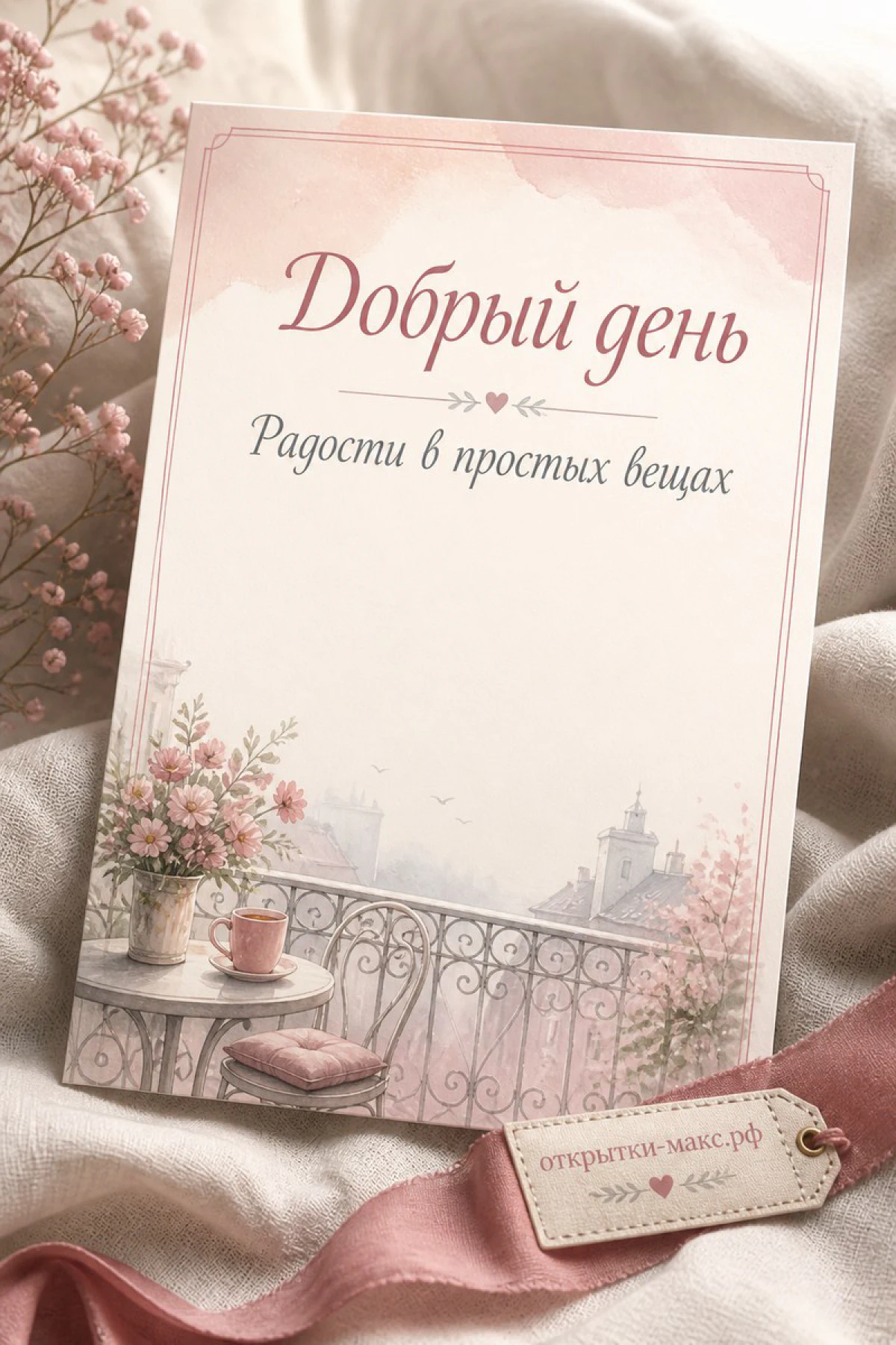 Открытка добрый день с акварельным балконом, цветами и чашкой кофе