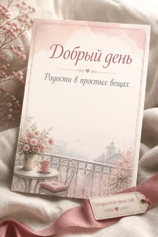 Открытка добрый день с акварельным балконом, цветами и чашкой кофе