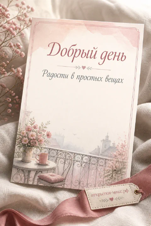 Открытка добрый день с акварельным балконом, цветами и чашкой кофе