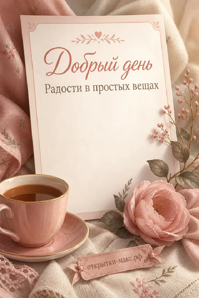 Открытка добрый день с акварельным балконом, цветами и чашкой кофе — вариант 2